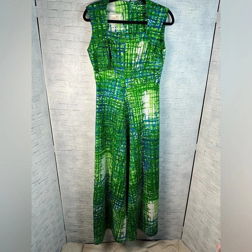 Leslie Fay Dress vintage green blue white cap sleeve fit & flare 70s colorful